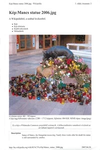 Statue of Mancs, the Hungárián rescue dog. Nearly three weeks after his death his statue is still surrounded by candles.